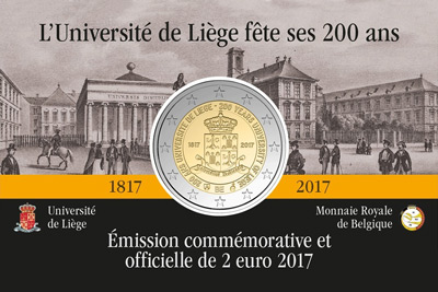 Монета, достоинством 2 евро, выпущенная к 200-летию Университета Льежа